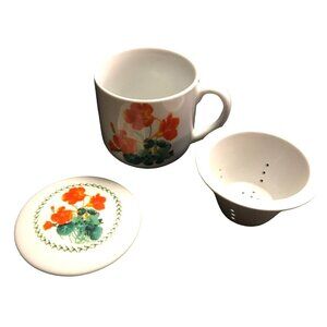 Savannah Tea Infuser Mug Lidded with Strainer Ceramic Red Poppies
